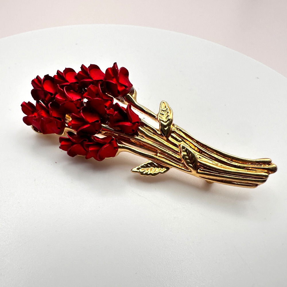 Vintage 90s Red Rose Bouquet Brooch Pin Gold Tone Women's Classic Jewelry
